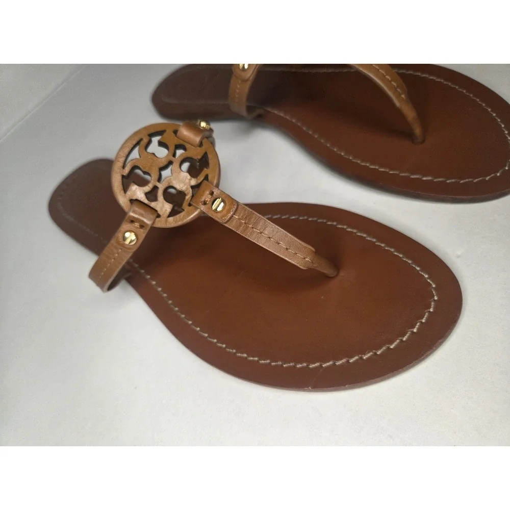 Tory Burch Miller Leather Thong Sandals Tan Brown Double T Logo Flat Women's 7.5